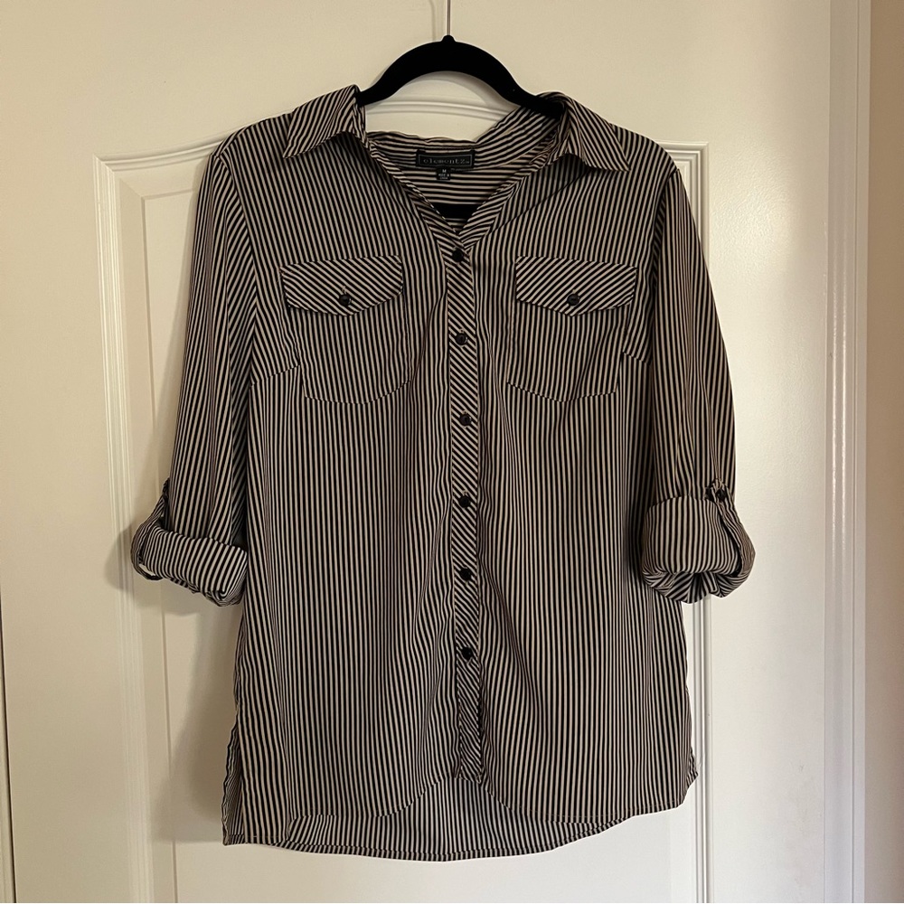 Elementz Women’s Black & Tan Striped Button-Up Roll Tab Long Sleeve Top (Size M)